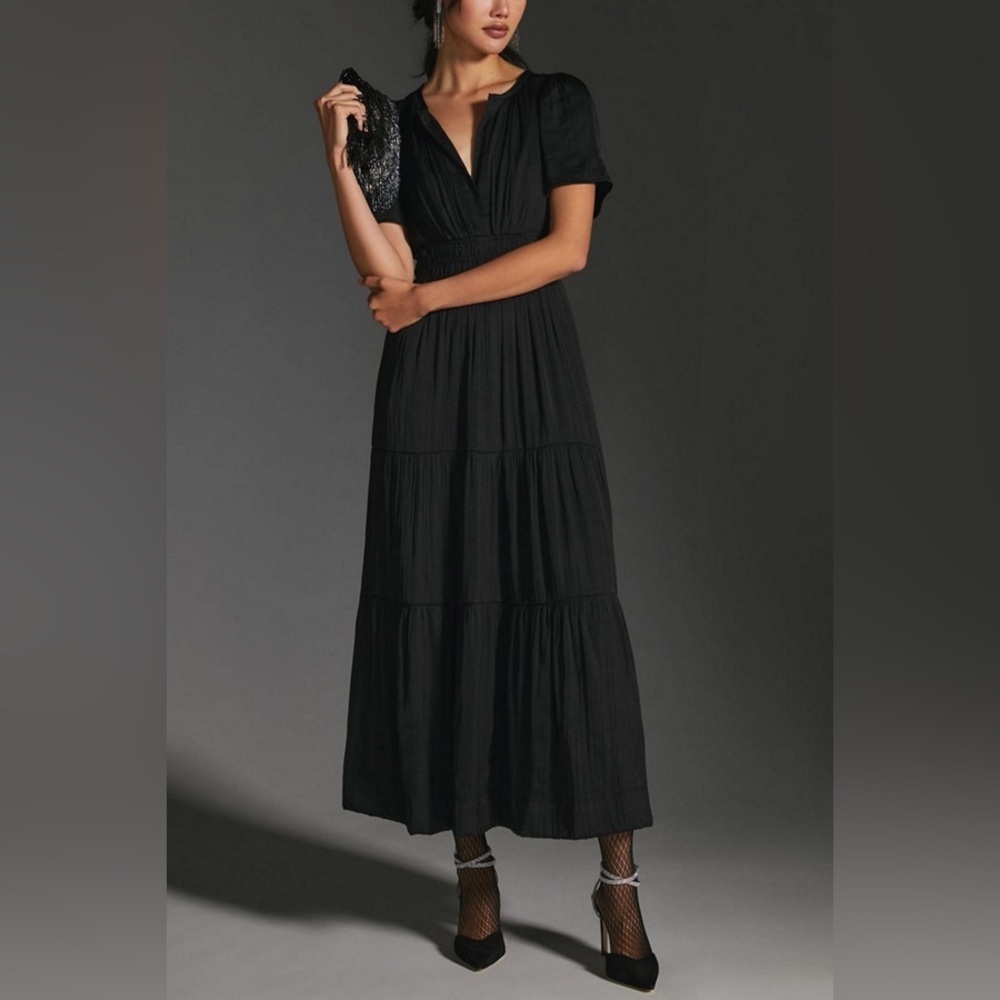 Anthropologie The Somerset Maxi Dress in Black Satin